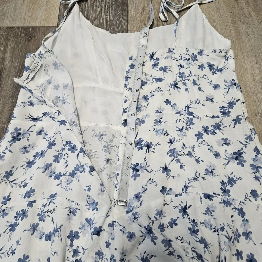 Bershka Micro Floral Playsuit Romper Spaghetti Strap White Blue Women’s XL